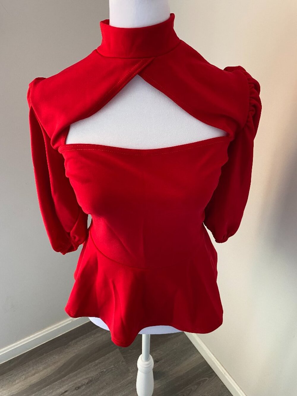 Red High Neck Peplum Blouse